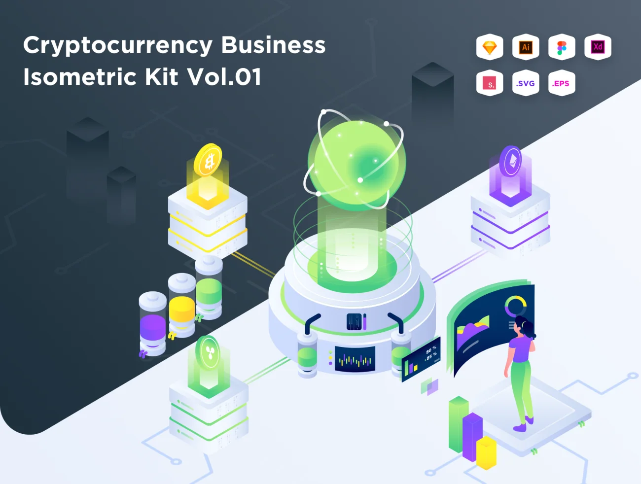 Cryptocurrency Business Isometric Kit Vol 01 加密货币业务等距套件-UI/UX-到位啦UI