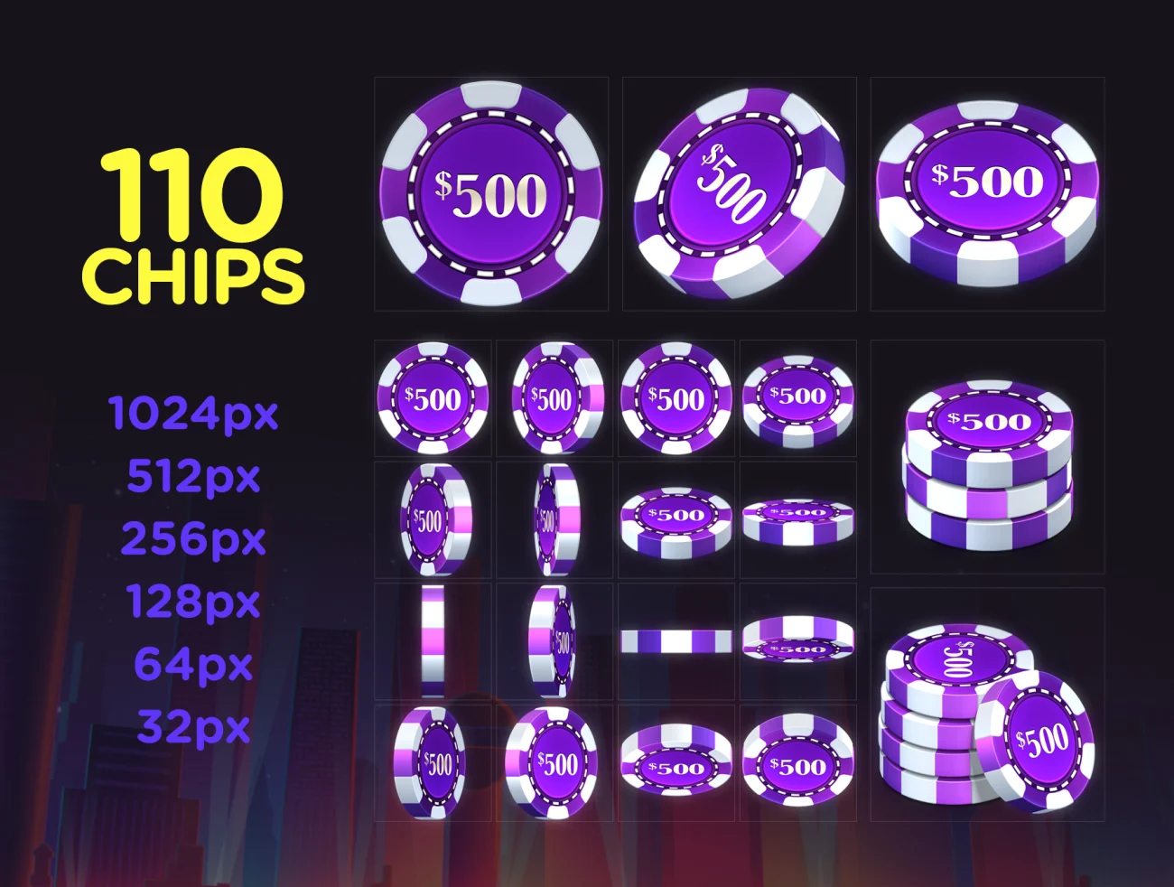 Poker Chip Pack 110款扑克筹码设计20个动画展示144个经济博弈图标-3D/图标-到位啦UI