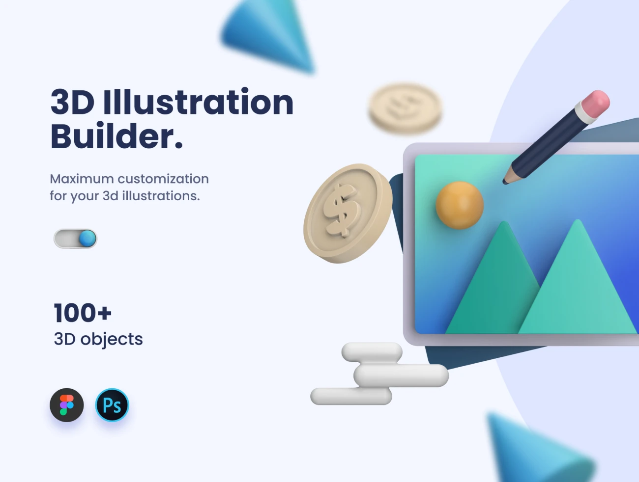 3D Illustration Builder figma 包含100款3D元素图标插图生成器-UI/UX-到位啦UI
