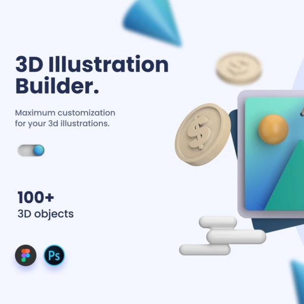 3D Illustration Builder figma 包含100款3D元素图标插图生成器