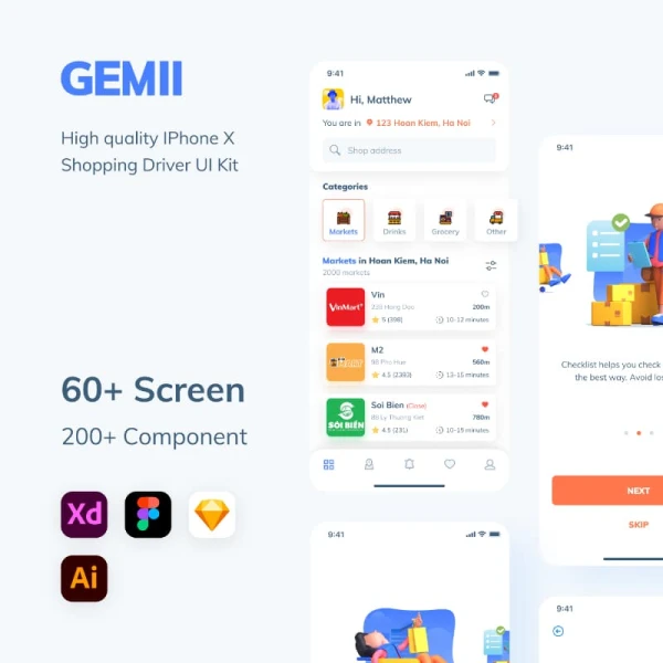Gemii - Shopping Driver App UI Kit 50屏在线购物配送程序应用程序UI套件