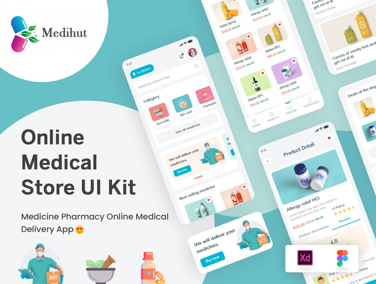 Medihut - Get Your Medicine Delivered 在线药店药物应用配送应用设计套件-UI/UX-到位啦UI