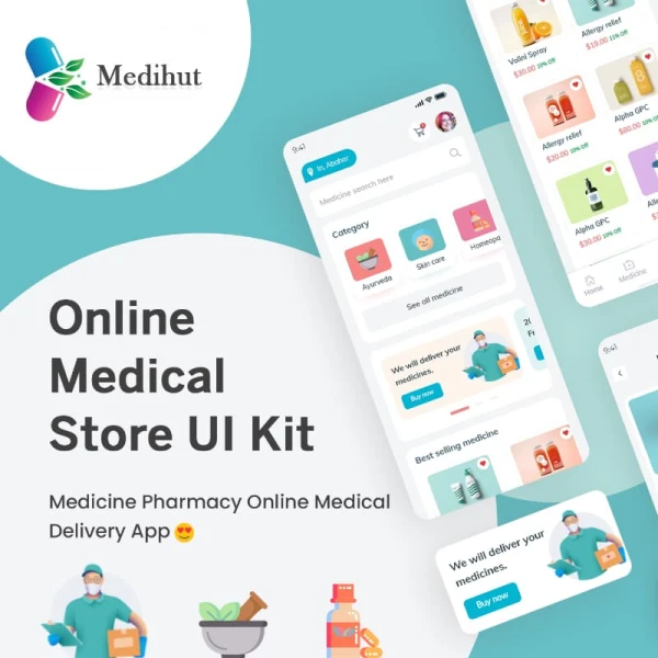 Medihut - Get Your Medicine Delivered 在线药店药物应用配送应用设计套件