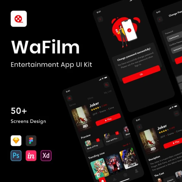 WaFilm - Entertainment App UI Kit 50屏iOS电影娱乐影视应用程序UI设计套件