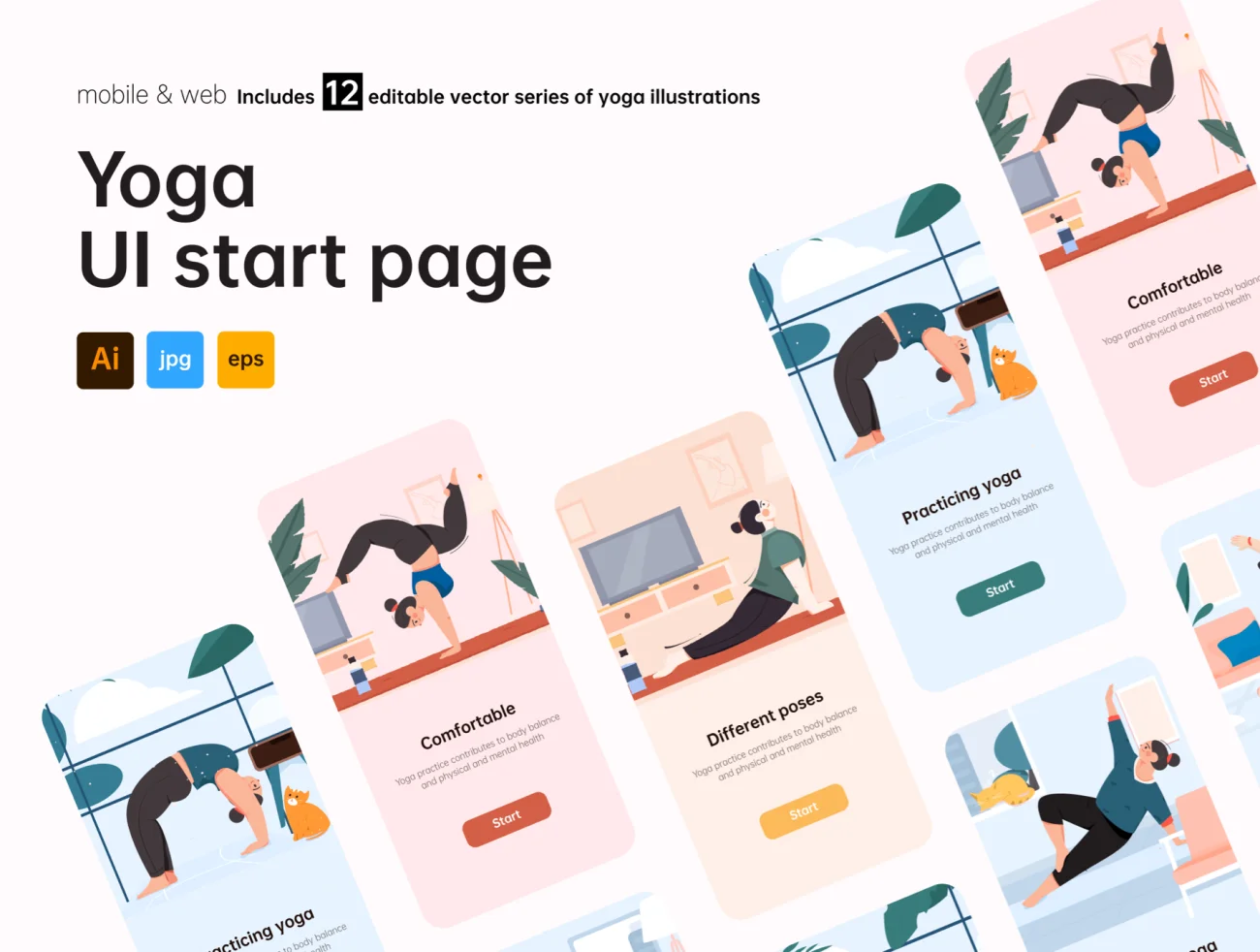 Yoga UI start page 12款趣味故事性瑜伽矢量插图合集-人物插画、场景插画、插画、概念创意、线条手绘、趣味漫画、运动健身-到位啦UI