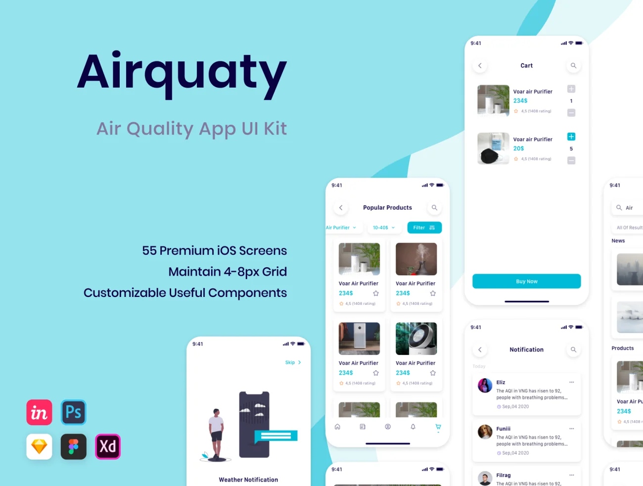 Airquaty - Air Quality App UI Kit 55屏优质iOS空气质量控制应用应用程序UI设计套件-UI/UX-到位啦UI