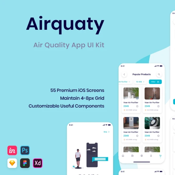 Airquaty - Air Quality App UI Kit 55屏优质iOS空气质量控制应用应用程序UI设计套件