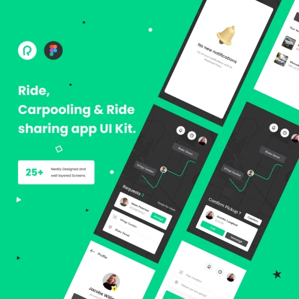 Carpooling _ Ride sharing app UI Kit 25屏30个功能组件的拼车和共享汽车应用程序UI套件