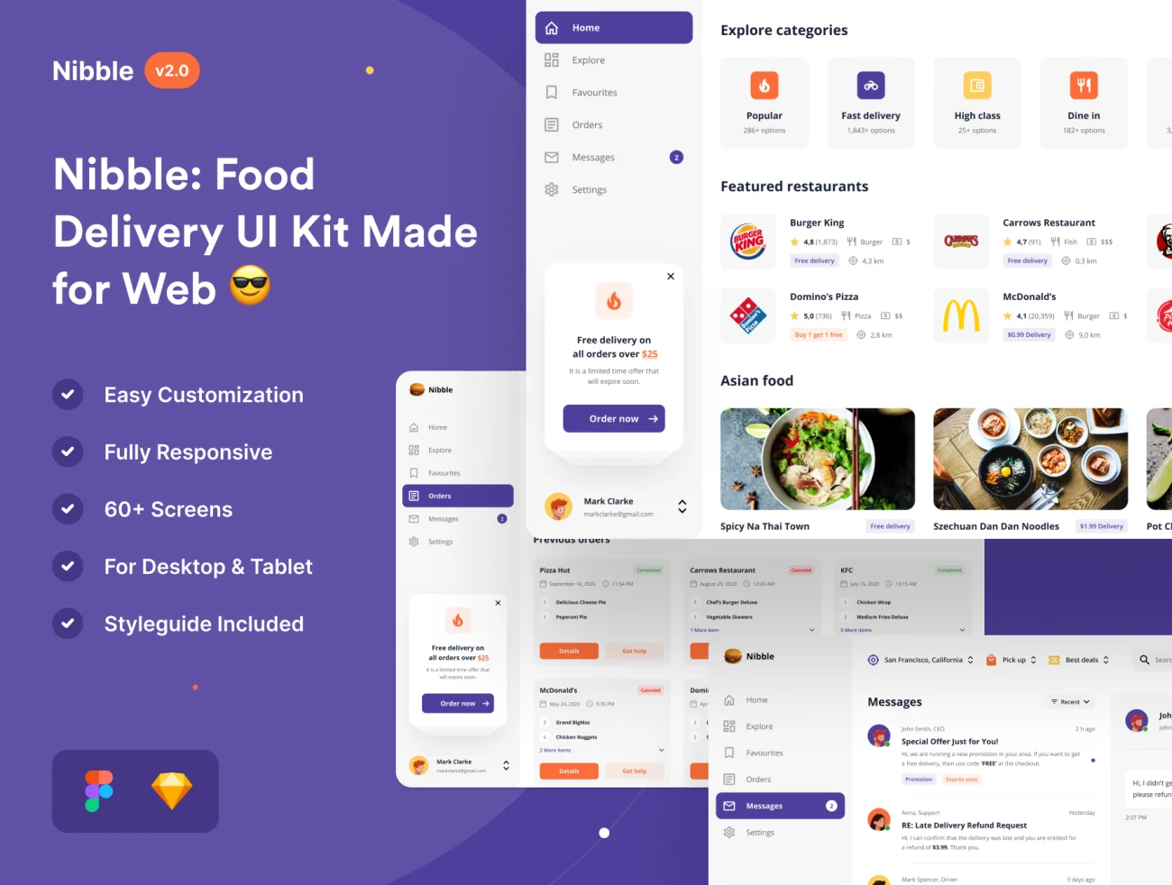 Food Delivery Web UI Kit 60屏美食点餐食品外卖配送Web UI工具包-UI/UX-到位啦UI