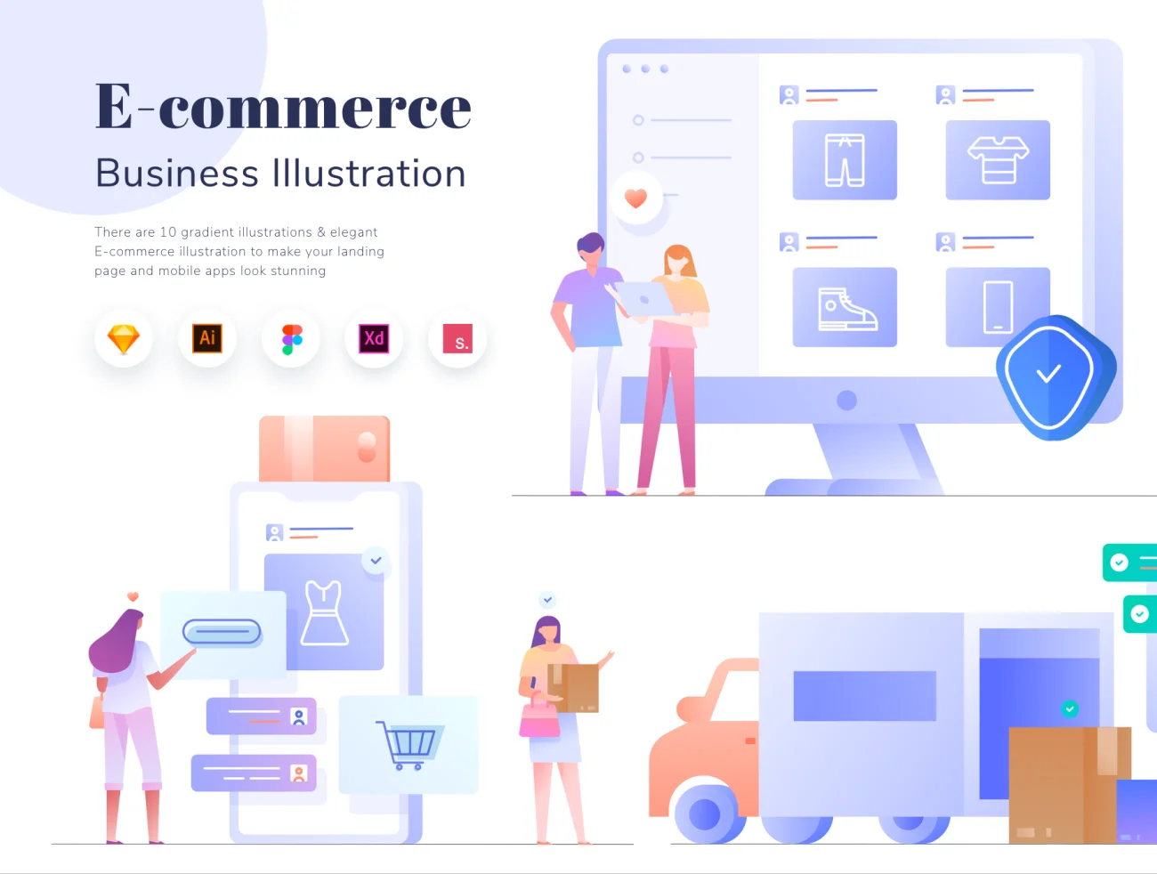 E-commerce Business Illustration KIT 电子商务商业插画套件-人物插画、场景插画、学习生活、插画、电子商务、社交购物、营销创业-到位啦UI