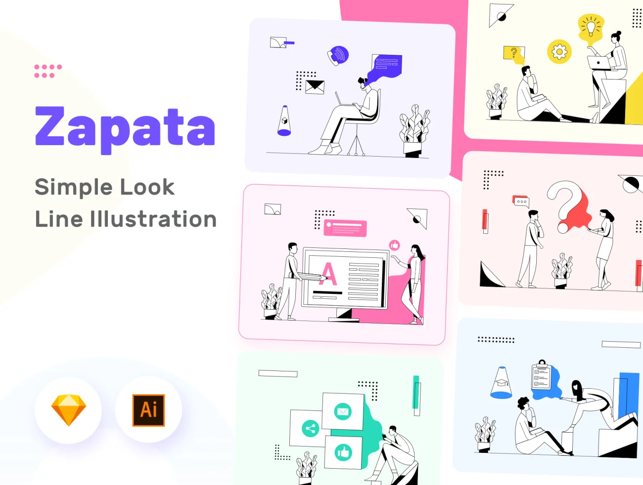 Zapata - Simple Line Illustration 简单简笔画矢量线条插画科技创意工作场景-人物插画、商业金融、学习生活、插画、插画风格、教育医疗、概念创意、电子商务、社交购物、线条手绘、职场办公、营销创业-到位啦UI