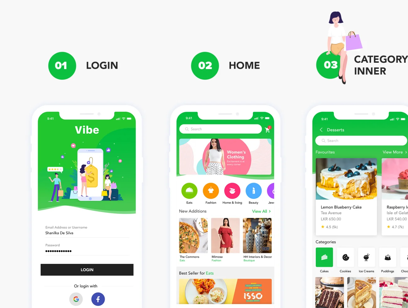 Vibe Mobile Application UI Kit PSD 绿色美食应用UI套件PSD-UI/UX-到位啦UI