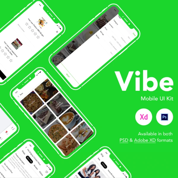 Vibe Mobile Application UI Kit PSD 绿色美食应用UI套件PSD
