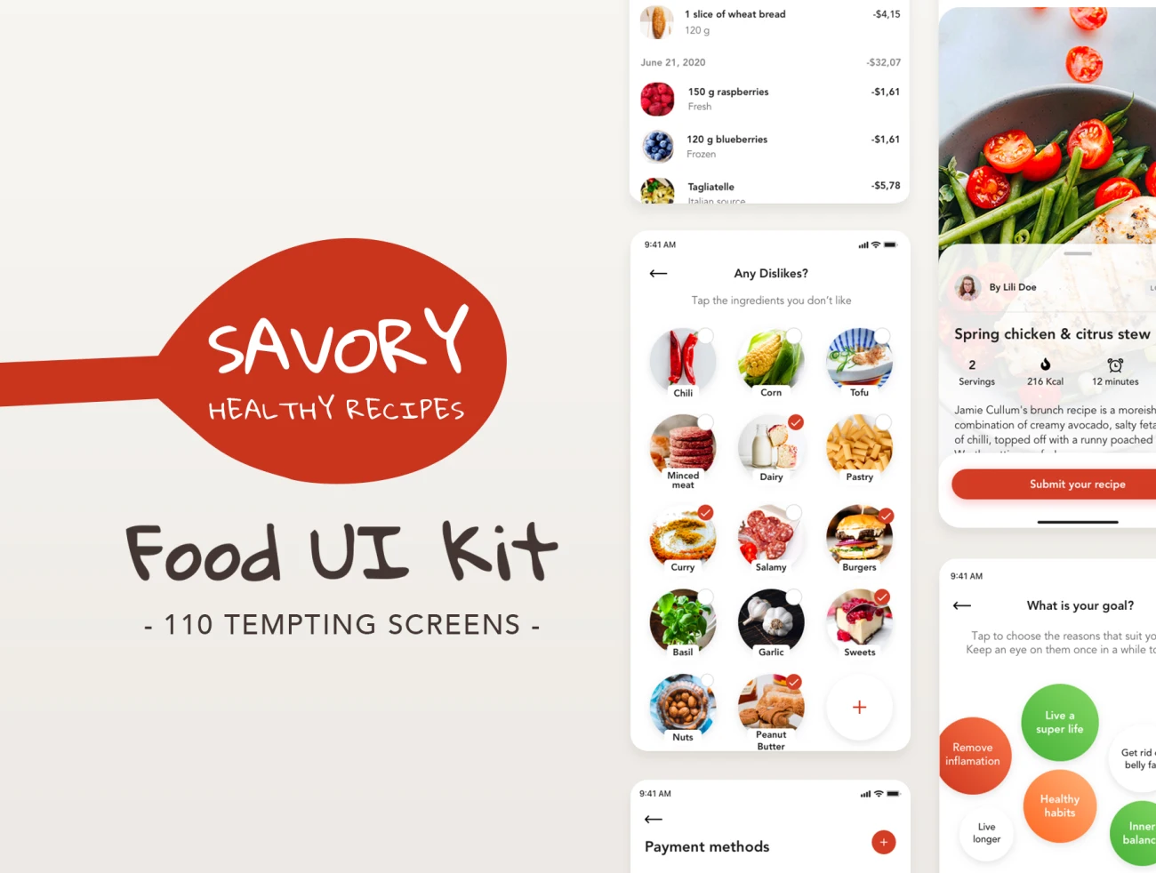 Savory - Food UI Kit 110屏美食食谱烹饪教程食品采购UI套件-UI/UX-到位啦UI