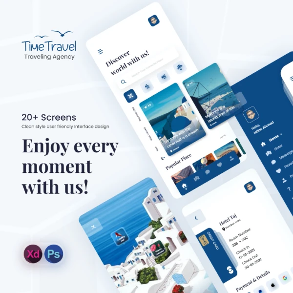 Travel and Hotel service - Mobile App 20屏旅行解决方案和酒店预订服务应用设计套件
