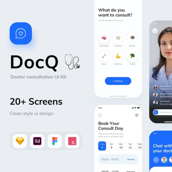 DocQ - Doctor Consultation UI KIT 25屏医生预约在线医疗应用UI设计套件