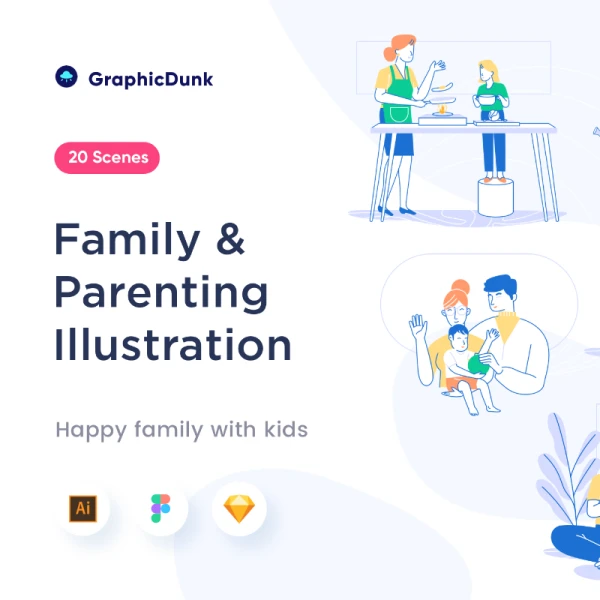 Family & Parenting Illustration - Graphicdunk 家庭与育儿矢量插图图包含20个育儿场景10个预制插画