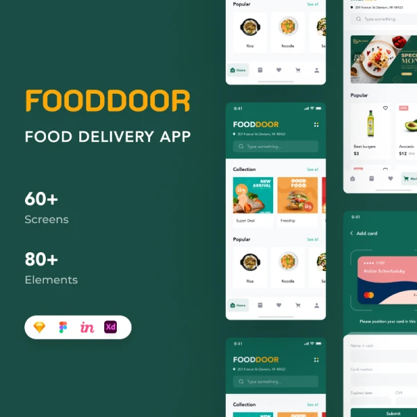 Fooddoor - Food delivery app 70屏美食外卖送餐应用UI设计模板
