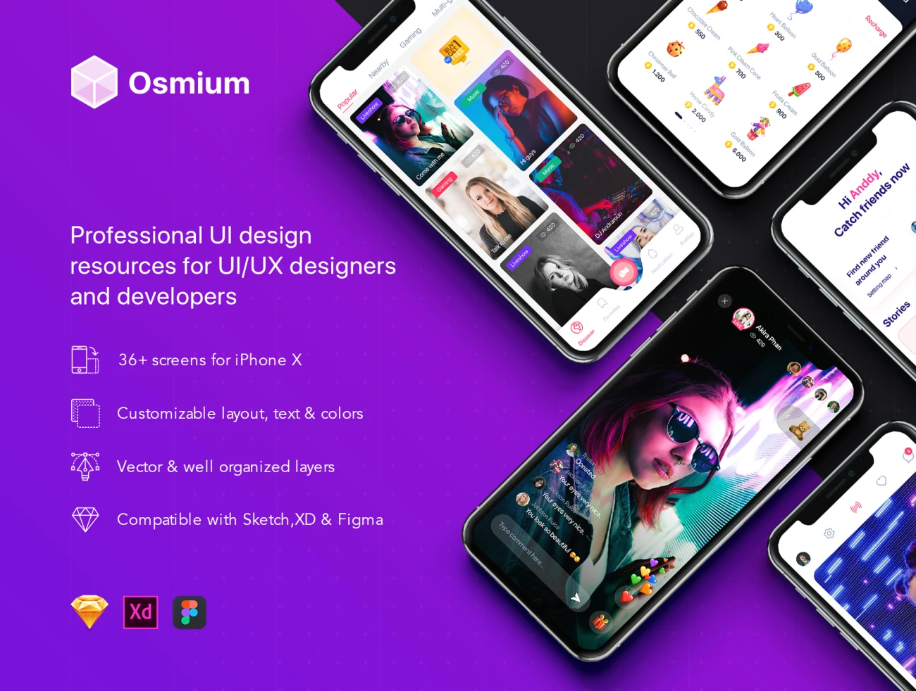 Osmium UI Kit 36屏直播网购健身饮食日程应用设计套件-UI/UX-到位啦UI