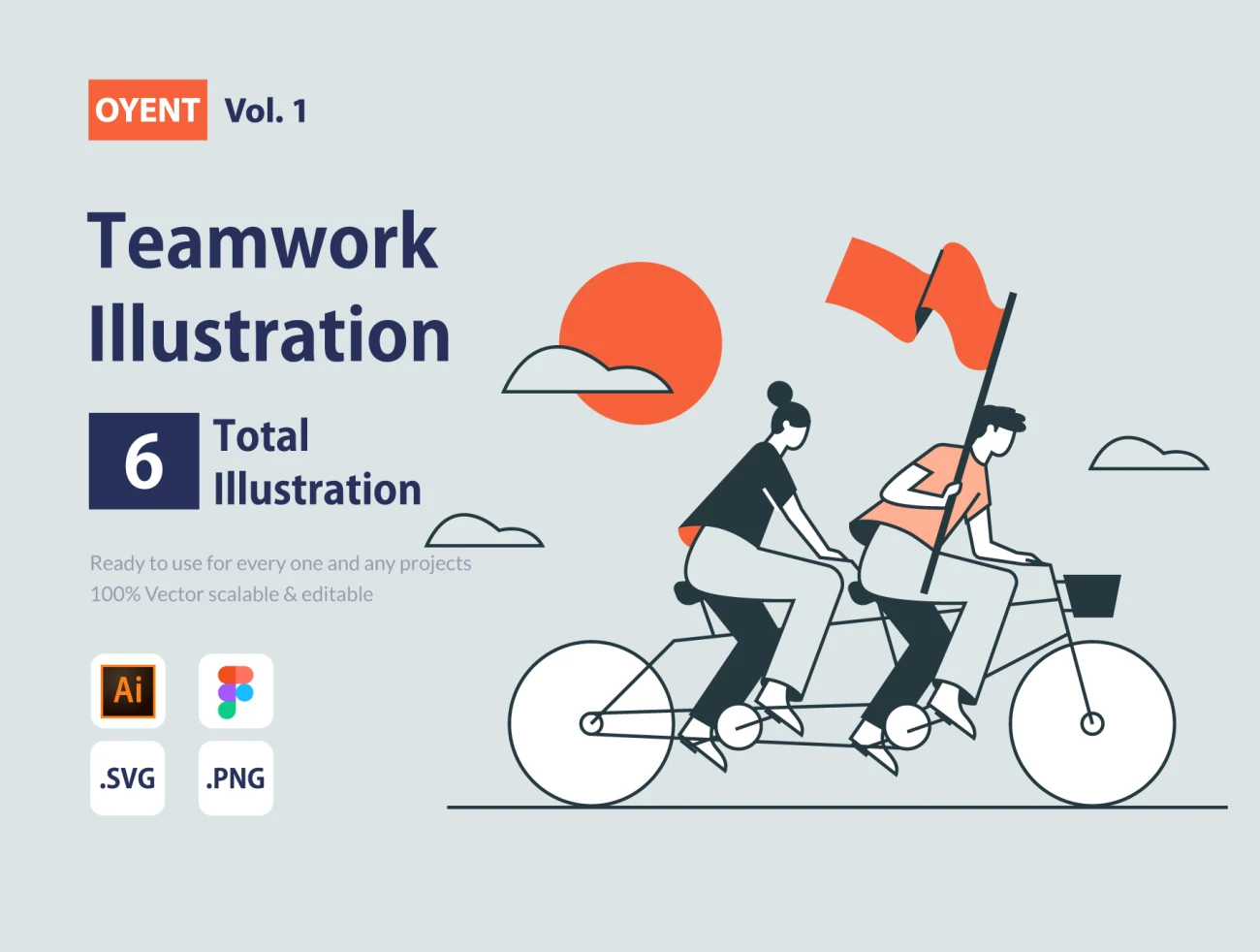 OYENT - Teamwork Illustration Pack 6个独特的团队合作矢量线条插图包-人物插画、插画、社交购物、线条手绘、营销创业、运动健身-到位啦UI