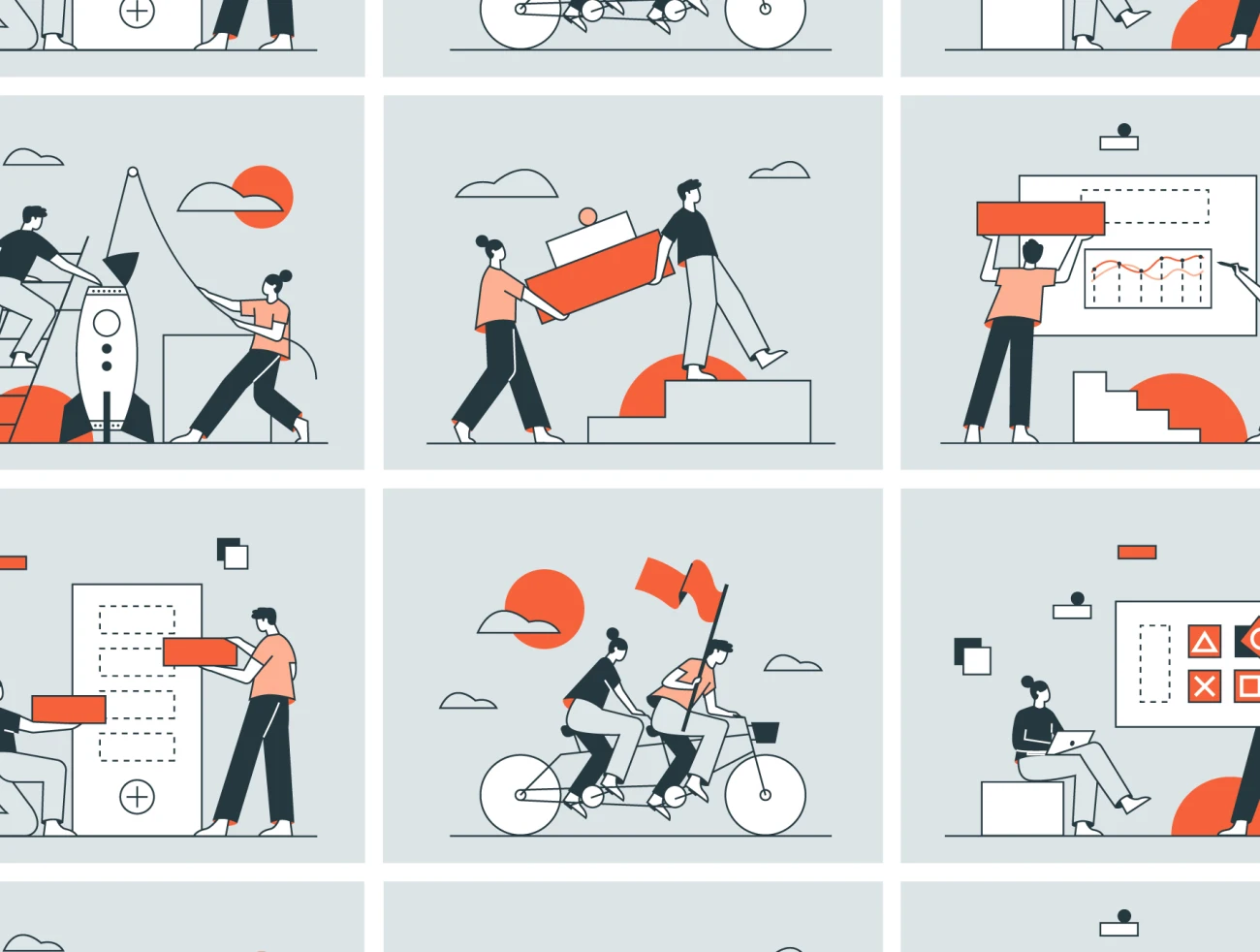 OYENT - Teamwork Illustration Pack 6个独特的团队合作矢量线条插图包-人物插画、插画、社交购物、线条手绘、营销创业、运动健身-到位啦UI