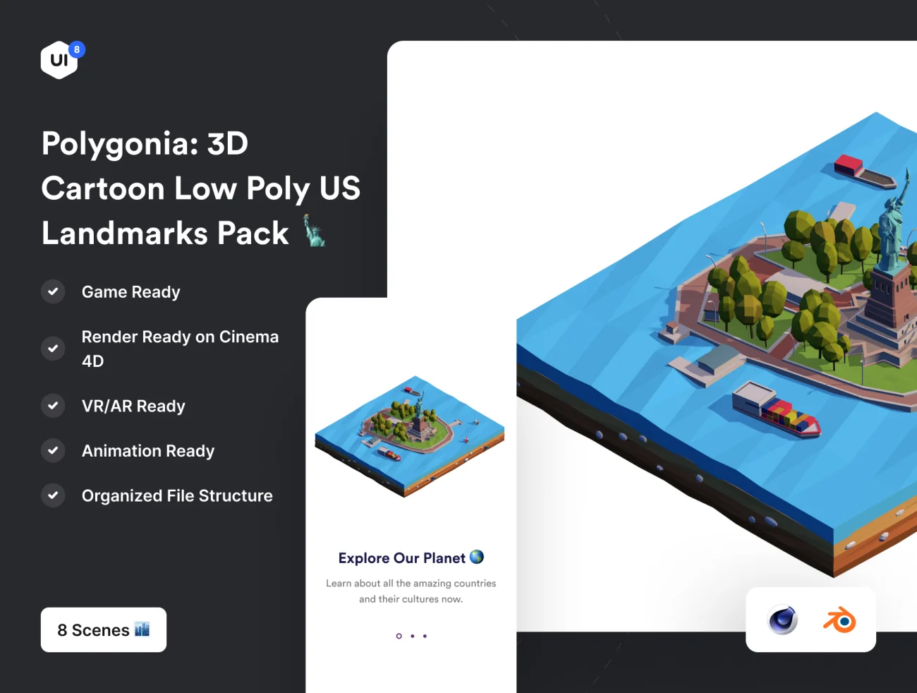 Polygonia Low Poly US Landmarks Pack 8个卡通风格美国地标建筑3D低面建模Poly模型插图包-场景插画、学习生活、插画、教育医疗、数据演示、概念创意-到位啦UI