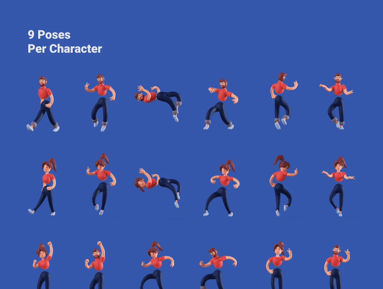 3D Character Pack 3D男女人物角色包10个预建场景每个角色9个姿势-人物插画、场景插画、插画、插画风格、概念创意、模块化套件、趣味漫画-到位啦UI