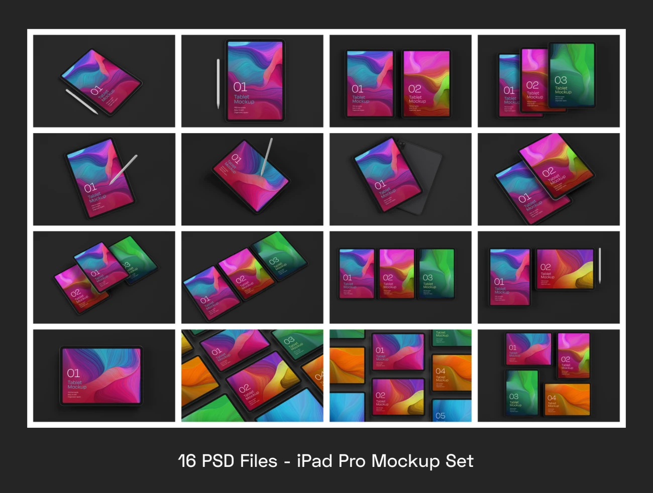 iPad Pro Mockup Set Tablet Screen 16个不同排列和角度的iPad Pro智能样机集-产品展示、优雅样机、创意展示、实景样机、样机、简约样机、苹果设备-到位啦UI