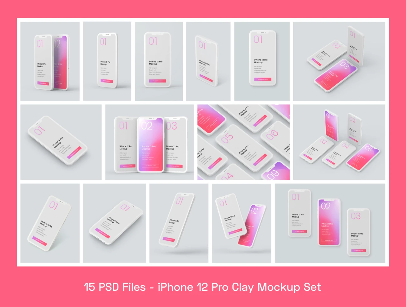 iPhone 12 Pro Clay Mockup Set 15种排列方式的iPhone 12 Pro粘土模型集-产品展示、创意展示、实景样机、手机模型、样机、简约样机、苹果设备-到位啦UI