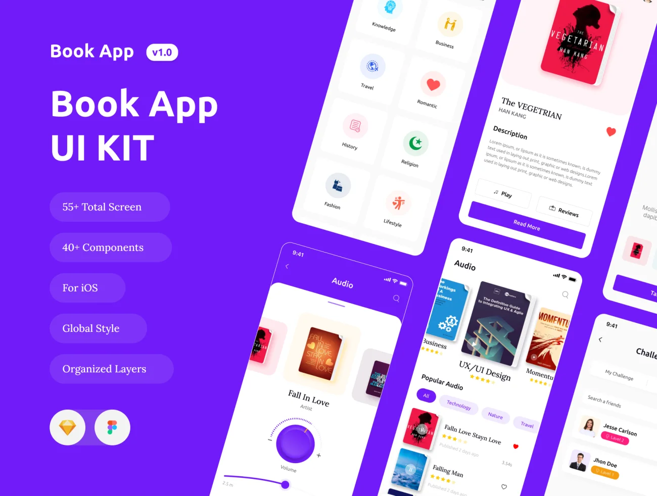 Book App iOS App UI Help Kit 55屏书籍阅读应用设计套件-UI/UX、ui套件、列表、卡片式、图表、应用、日历、表单-到位啦UI