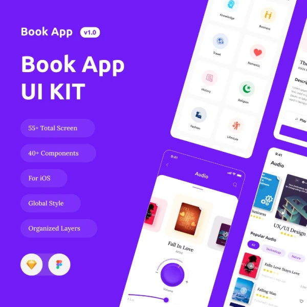Book App iOS App UI Help Kit 55屏书籍阅读应用设计套件