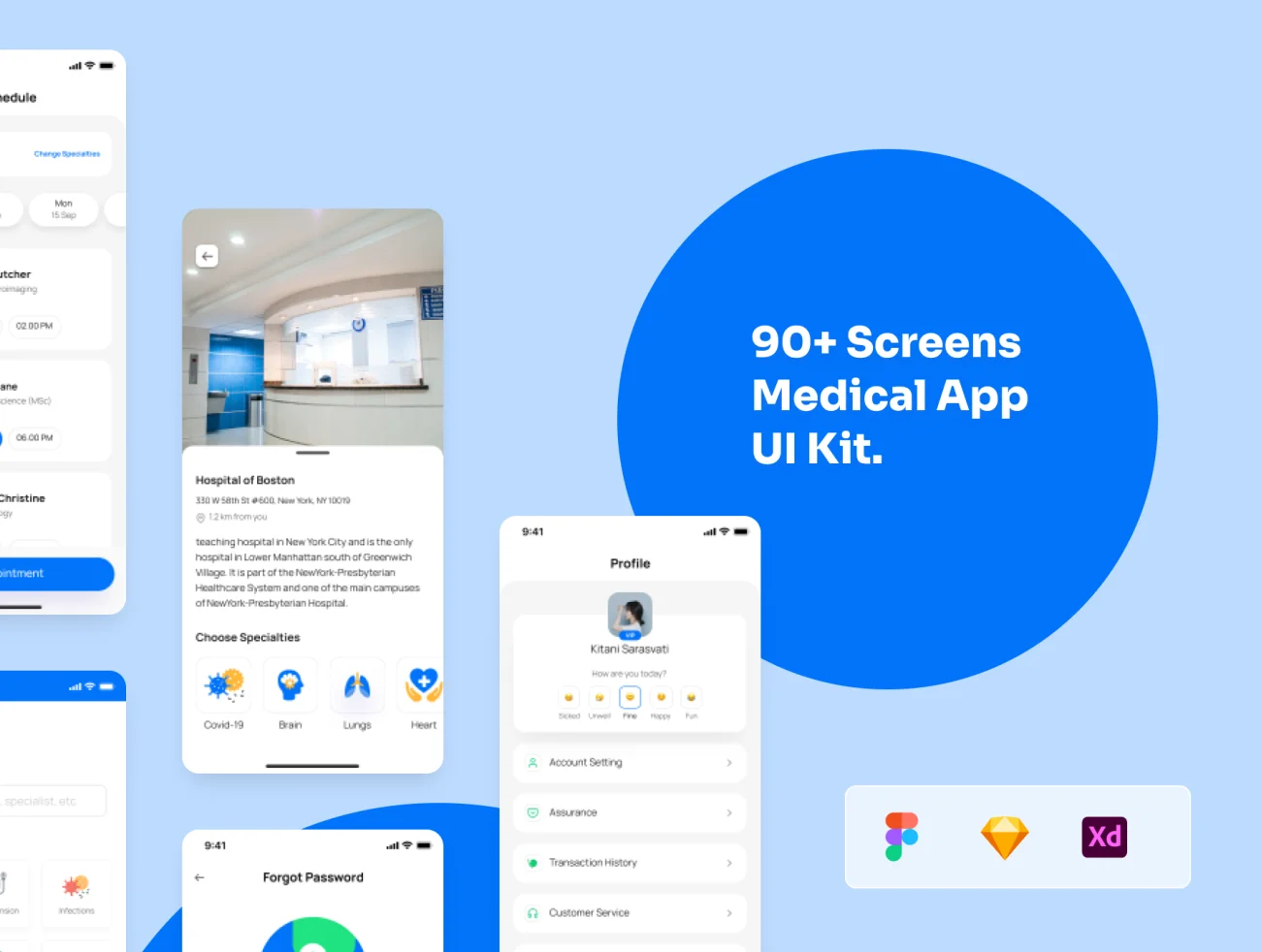 Dochub - Medical App UI Kit 90屏现代简约医疗应用设计套件-UI/UX、ui套件、图表、应用、支付、日历、注册、聊天、预订-到位啦UI