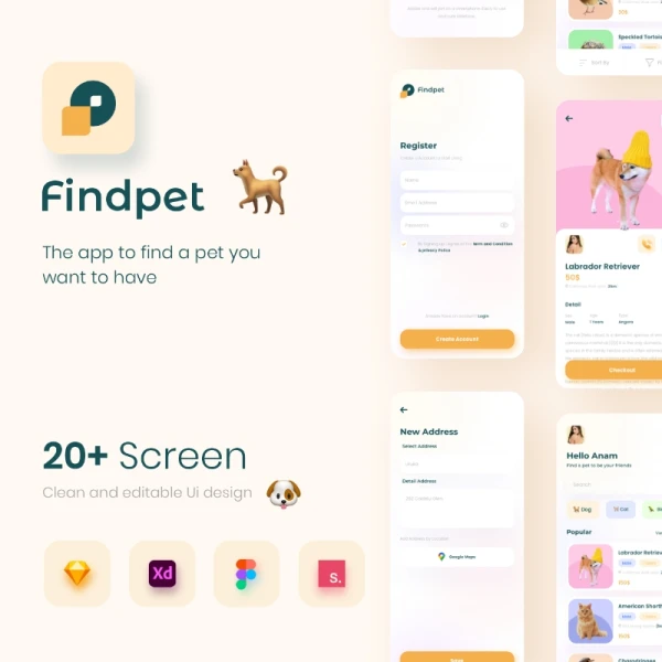 Findpet - Pet Finder UI KIT 26屏宠物领养购买应用模板