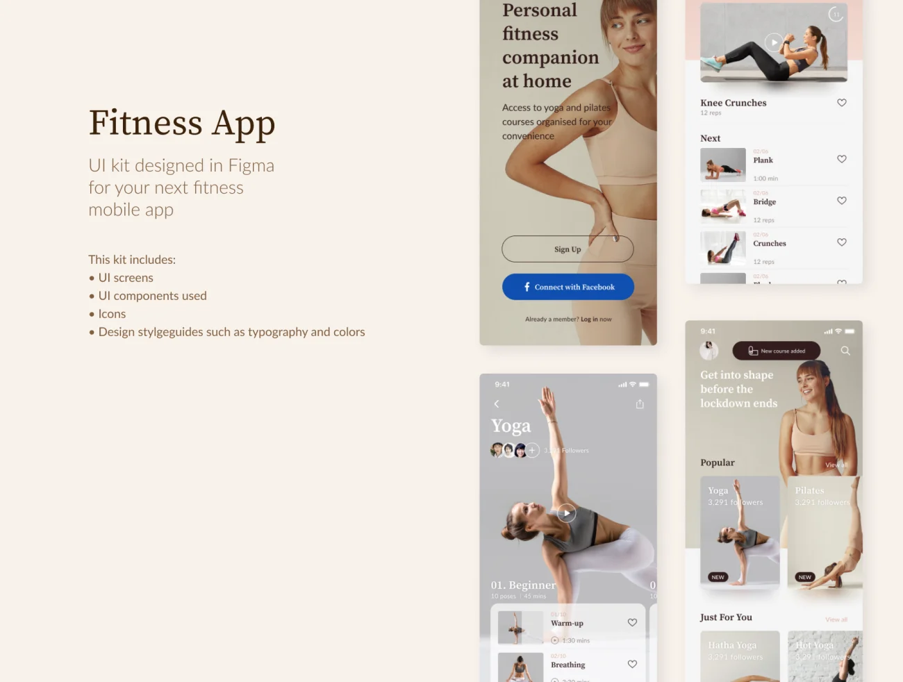 Fitness App Figma Design Kit 26屏健身塑性应用设计模板套件40个组件库20个健身图标-UI/UX、ui套件、卡片式、应用、运动健身、预订-到位啦UI