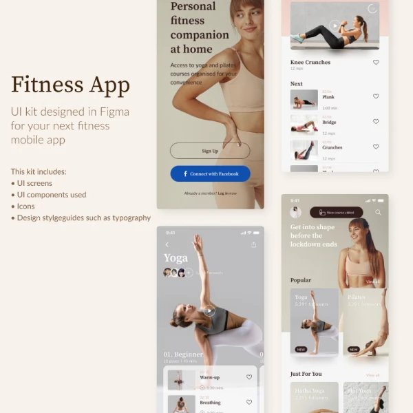 Fitness App Figma Design Kit 26屏健身塑性应用设计模板套件40个组件库20个健身图标