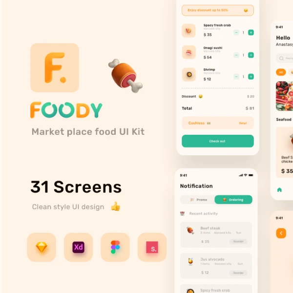 Foody - Food Delivery UI KIT 31屏卡片式简洁高级食品生鲜选购配送应用套件