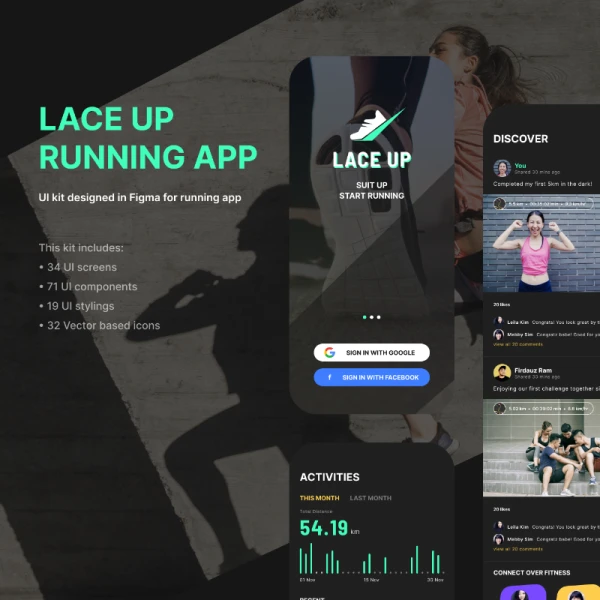 Lace Up Running App 深色主题跑步手机应用设计套件Figma UI工具包