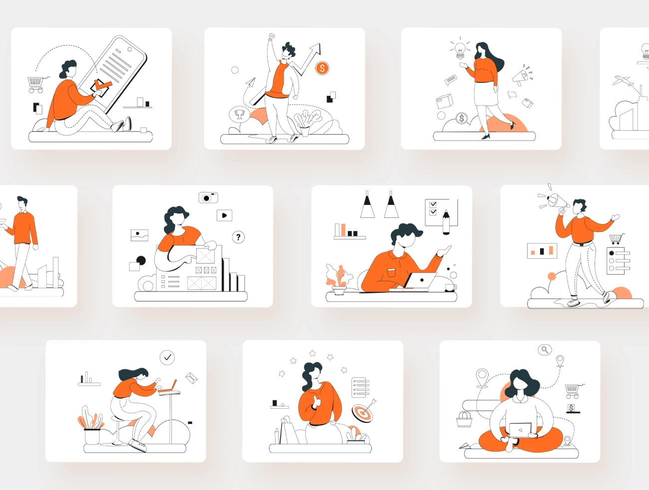 Marketting Illustration Kit 10款市场营销矢量营销插图套件-人物插画、商业金融、场景插画、学习生活、插画、插画功能、插画风格、社交购物、线条手绘、职场办公、趣味漫画、运动健身、金融理财-到位啦UI