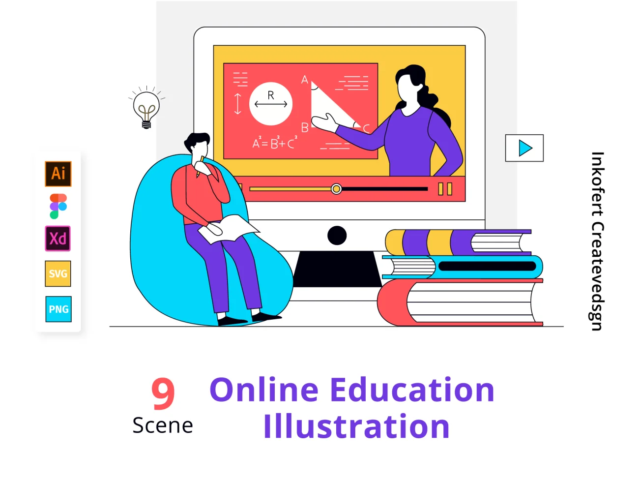 Online Education Illustration 9场景在线教育扁平化多彩矢量插图-人物插画、场景插画、学习生活、插画、插画功能、教育医疗、数据演示、状态页、线条手绘、职场办公-到位啦UI
