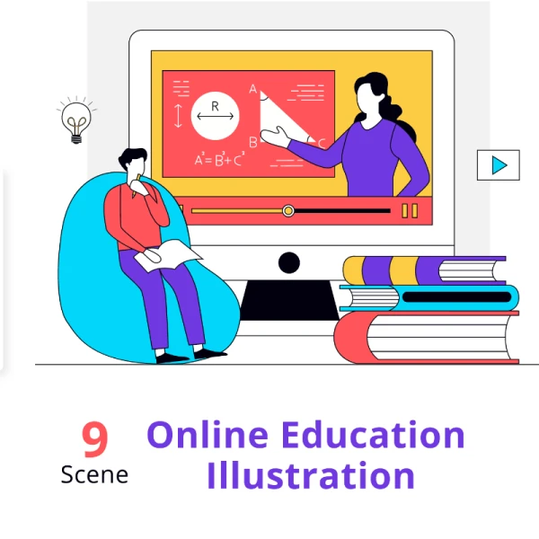 Online Education Illustration 9场景在线教育扁平化多彩矢量插图