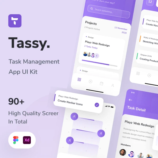 Tassy - Task Management App UI Kit 90屏简单现代风格任务管理应用程序UI设计套件