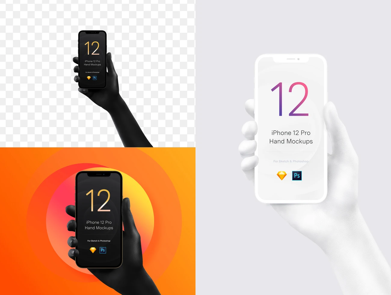 Unicolor Black White Hands iPhone 12 Pro Mockups 单色黑白2色手持iPhone 12 Pro智能样机-产品展示、优雅样机、创意展示、实景样机、手机模型、样机、简约样机、苹果设备-到位啦UI