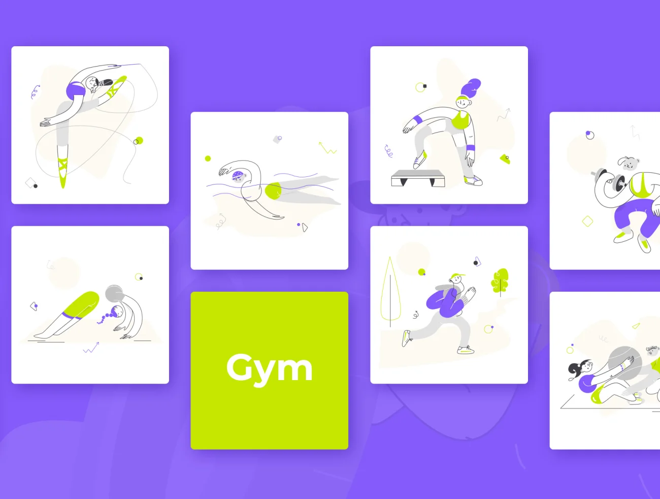 Yollo - Sport, Gym Illustration 15个体育运动健身房时尚趣味矢量插图-人物插画、场景插画、插画、插画风格、概念创意、线条手绘、趣味漫画、运动健身-到位啦UI