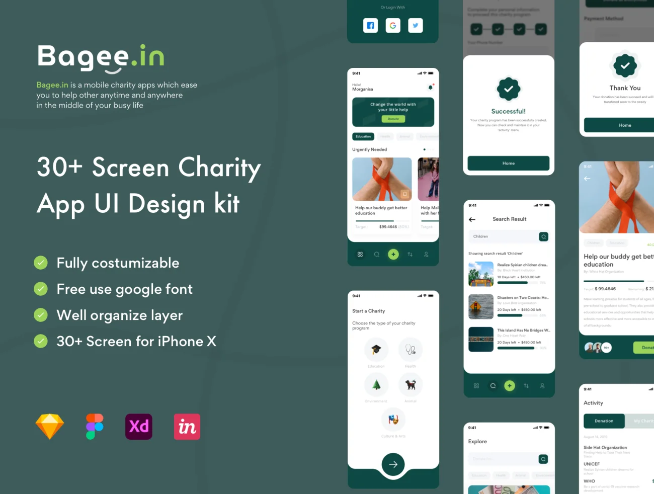 Bageein - Charity UI KIT 31屏慈善UI手机应用设计套件-UI/UX、ui套件、付款、列表、卡片式、图表、应用、支付、数据可视化-仪表板、电子钱包、表单-到位啦UI
