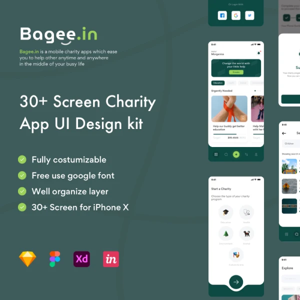 Bageein - Charity UI KIT 31屏慈善UI手机应用设计套件