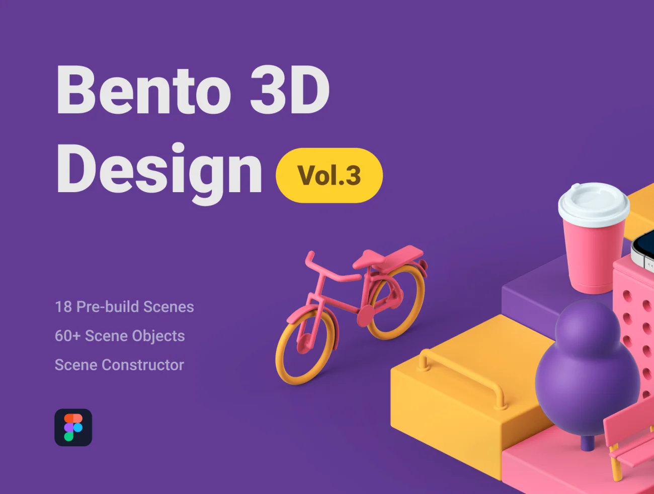 Bento 3D Design Vol.3 18预建场景60个3D元素立体展示场景搭建库合集-3D/图标、人物插画、场景插画、学习生活、插画、插画功能、教育医疗、硬件设备、职场办公、运动健身、金融理财-到位啦UI