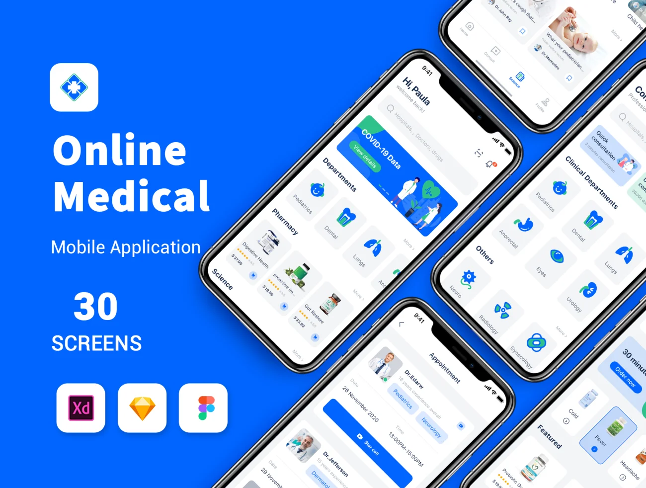 Blue online medical mobile app 30屏简约现代设计风格蓝色在线医疗平台手机应用设计套件-UI/UX、ui套件、付款、列表、卡片式、图表、应用、支付、日历、聊天、预订-到位啦UI