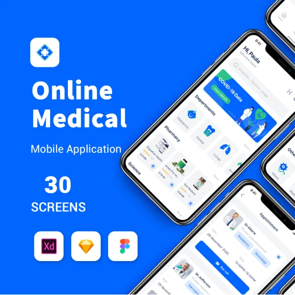 Blue online medical mobile app 30屏简约现代设计风格蓝色在线医疗平台手机应用设计套件