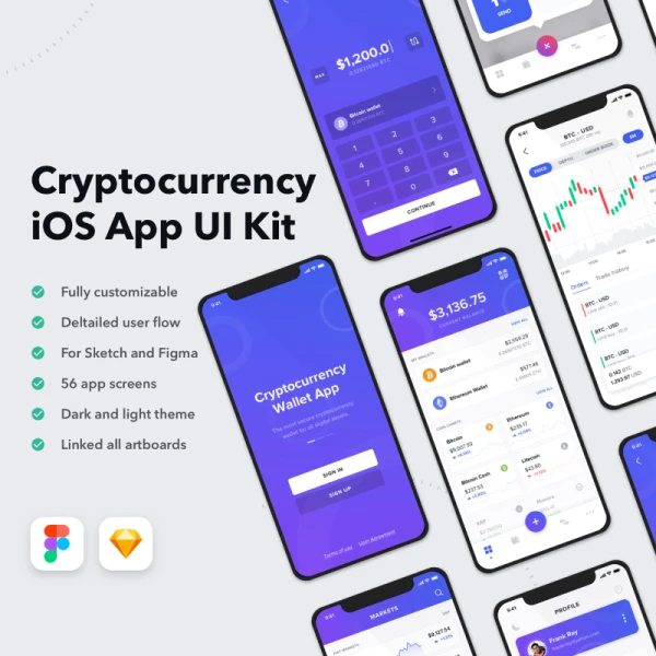 Cryptotrade - iOS App UI Kit 56屏现代简洁风格加密货币交易iOS应用程序UI套件