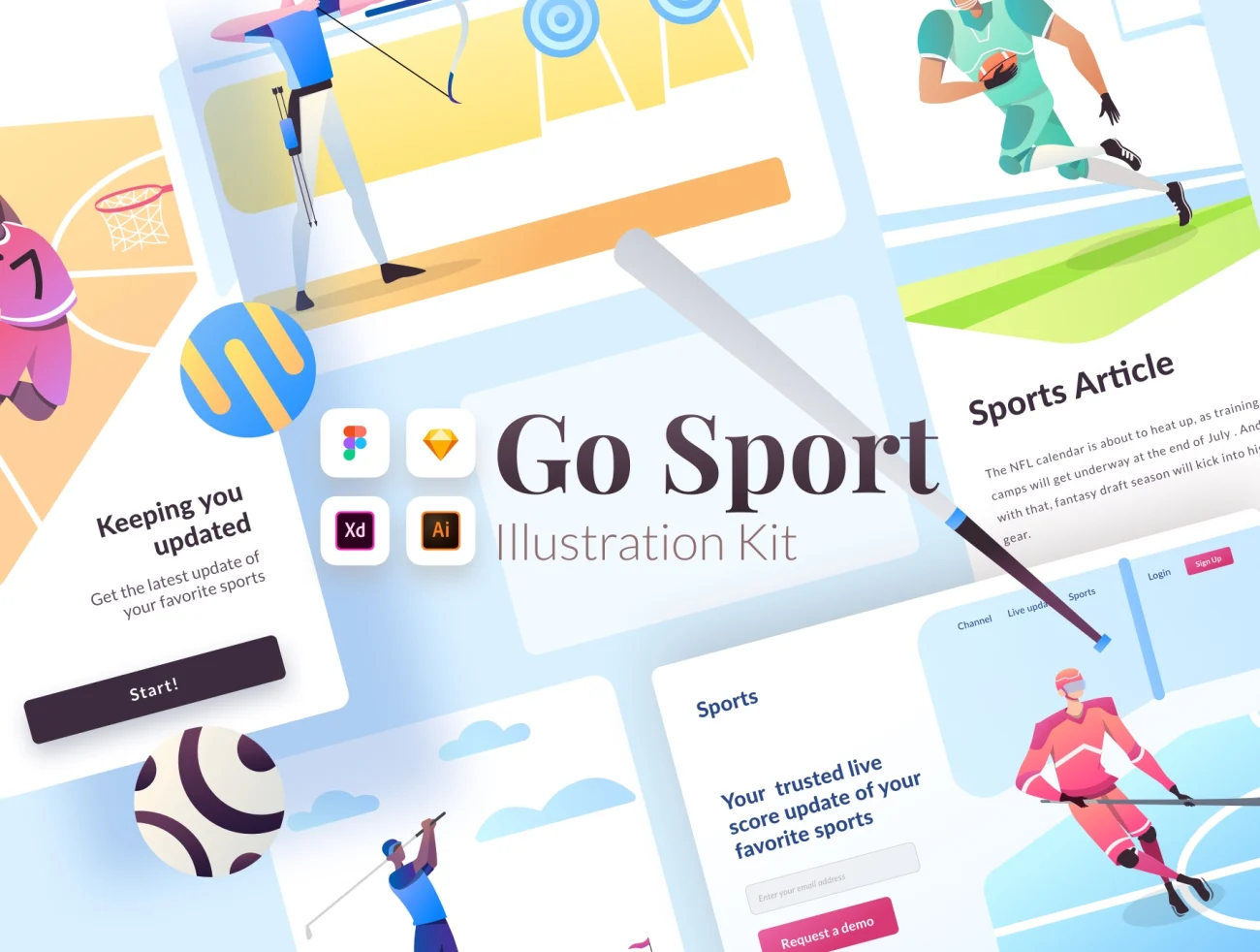 Go Sports Illustration 20个各类体育运动项目矢量人物场景插图合集-人物插画、场景插画、插画、插画功能、插画风格、概念创意、线条手绘、营销创业、运动健身-到位啦UI
